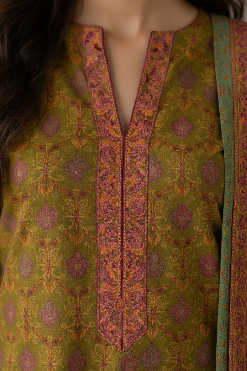 Close-up of a green embroidered garment with intricate patterns