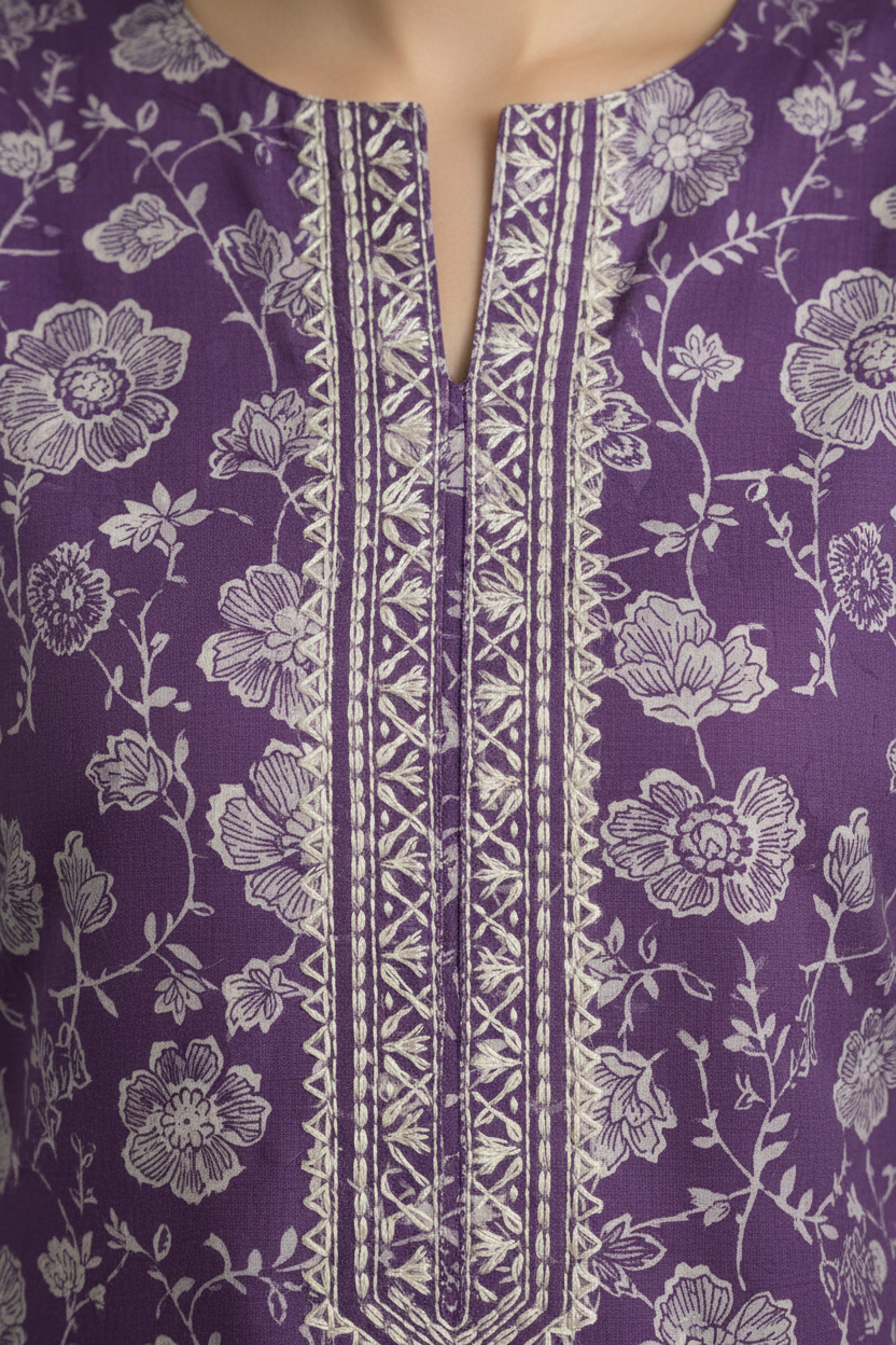 Close-up of a purple fabric with white floral patterns and intricate stitching.