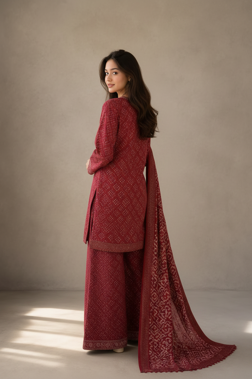 Crimson Red Printed Lawn 3-Piece Unstitched Suit | Women Lawn Pakistan 2026