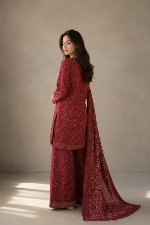 Crimson Red Printed Lawn 3-Piece Unstitched Suit | Women Lawn Pakistan 2026