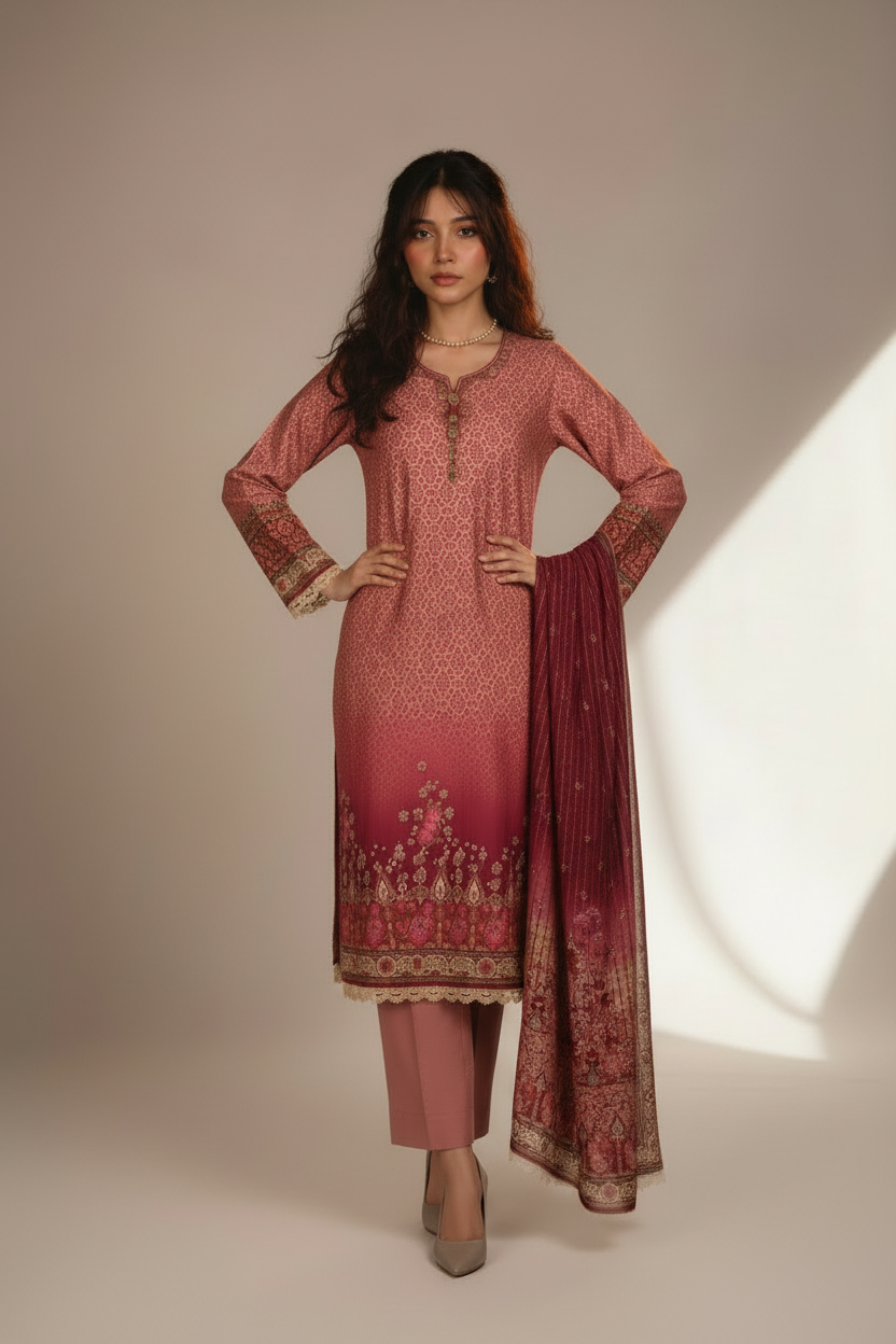 Woman wearing a traditional outfit with a pink kurta, pants, and dupatta on a beige background
