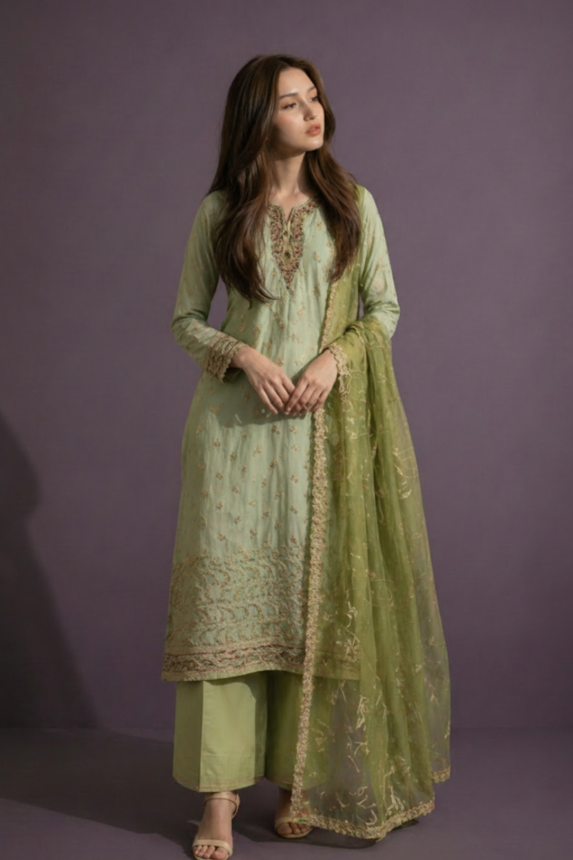 Woman wearing a green traditional outfit with a purple background