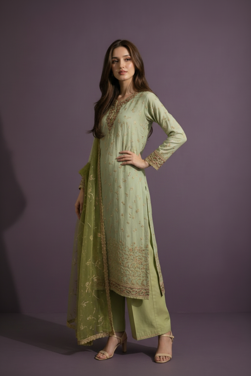 Woman wearing a green traditional outfit with a purple background