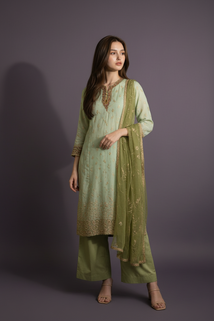 Woman wearing a green traditional outfit with a matching dupatta against a dark background
