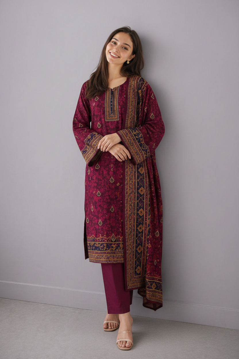Maroon Lawn Suit 3 Piece for Women | Buy Online Pakistan