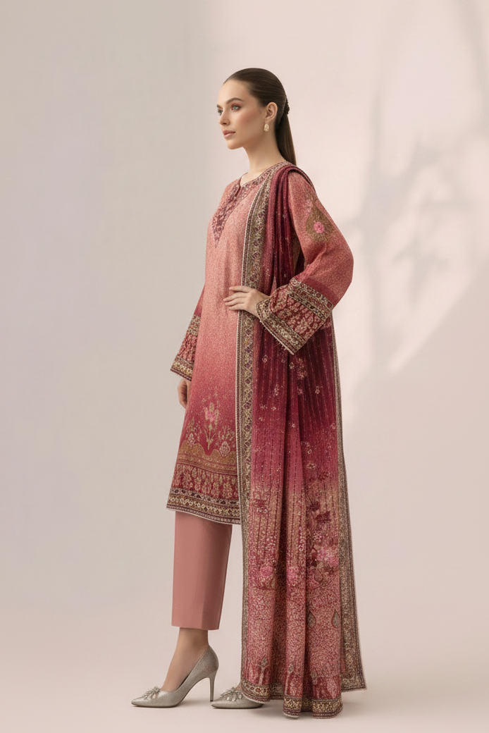 Woman wearing a traditional pink and red embroidered outfit on a plain background
