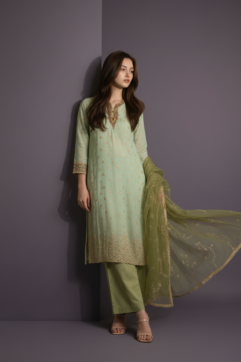 Woman wearing a green traditional outfit with a sheer dupatta against a purple background