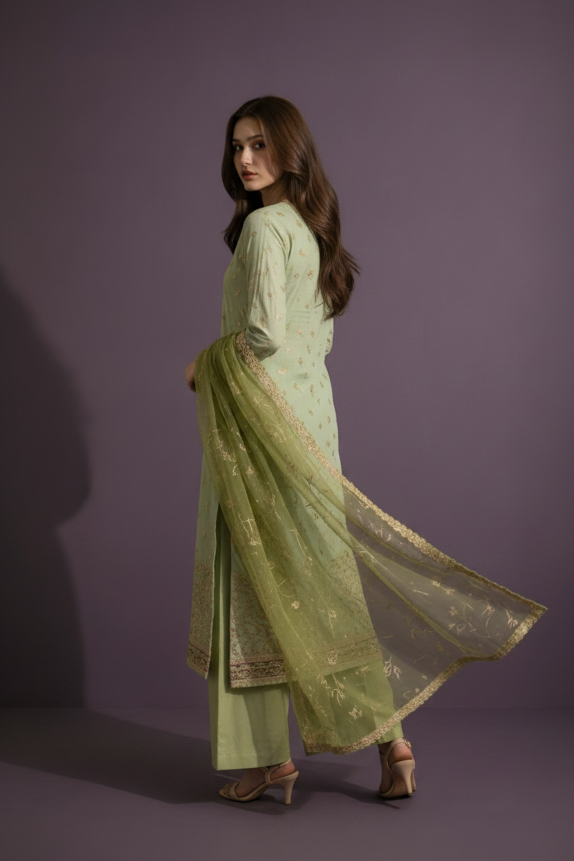 Woman wearing a light green traditional outfit with a sheer dupatta against a purple background