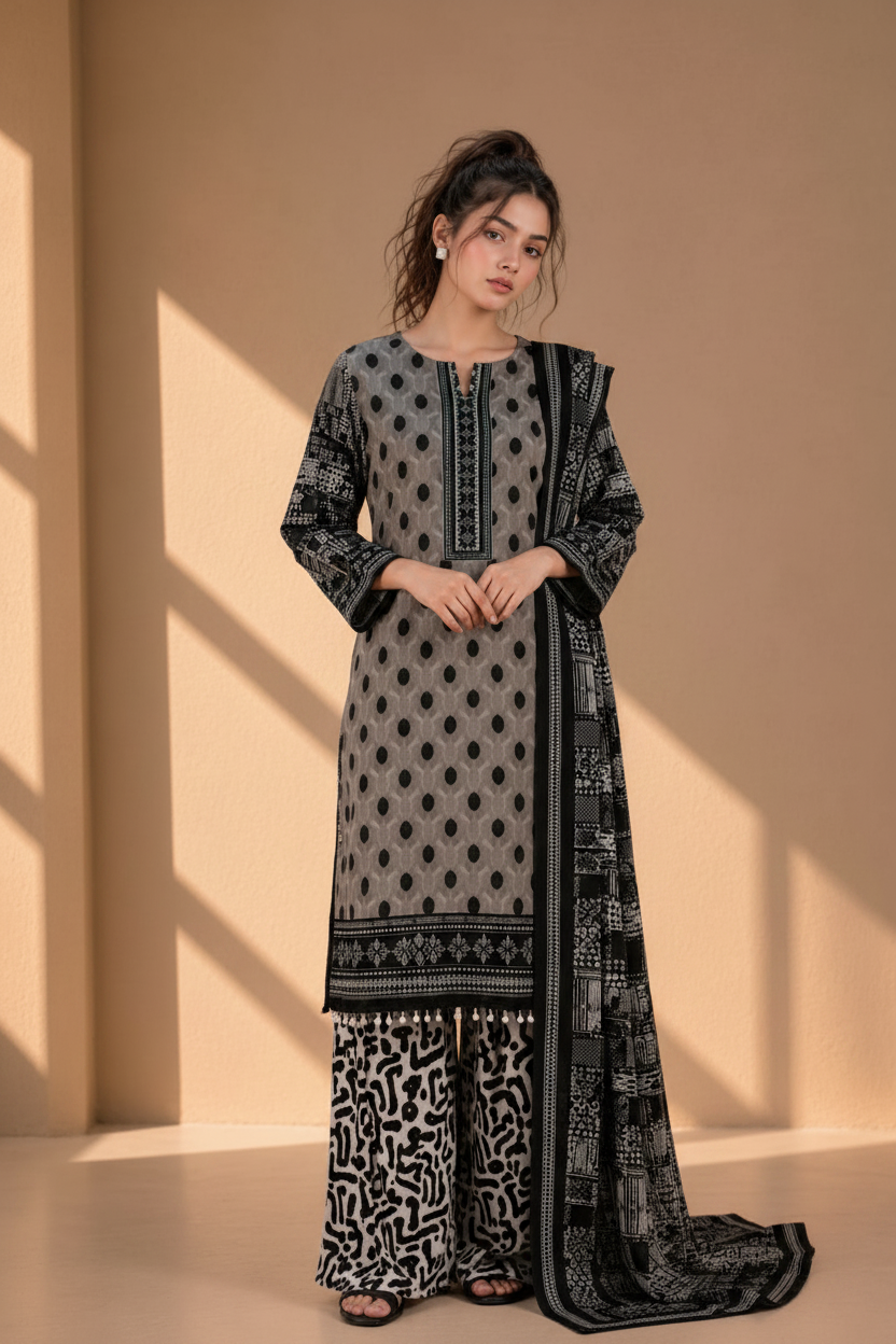 Woman wearing a black and white patterned traditional outfit against a beige background