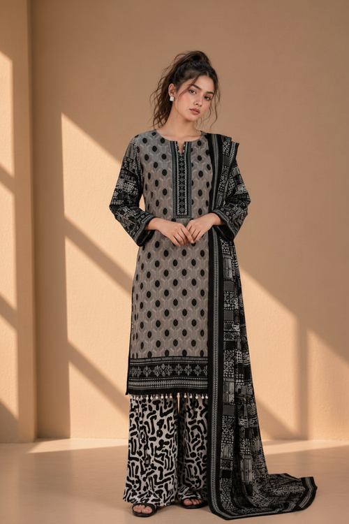 Woman wearing a black and white patterned traditional outfit against a beige background