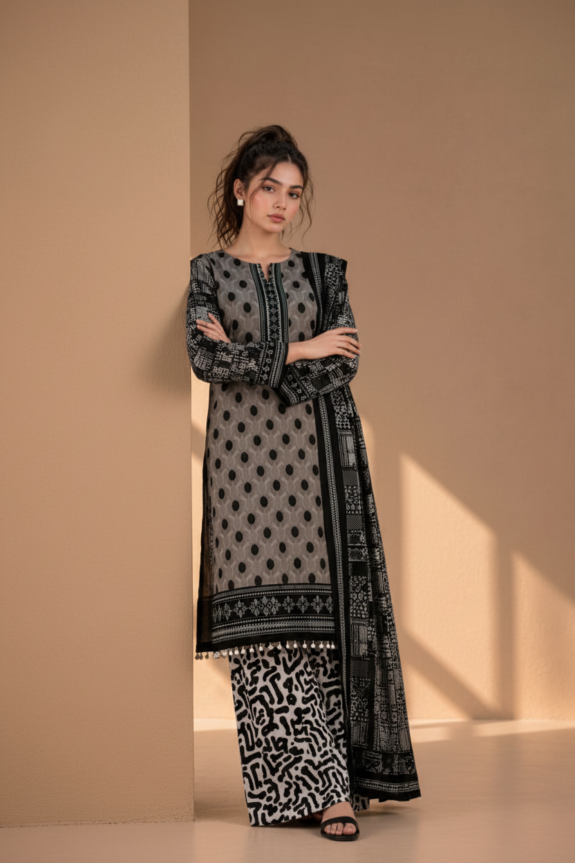 Woman wearing a black and white patterned outfit against a beige wall