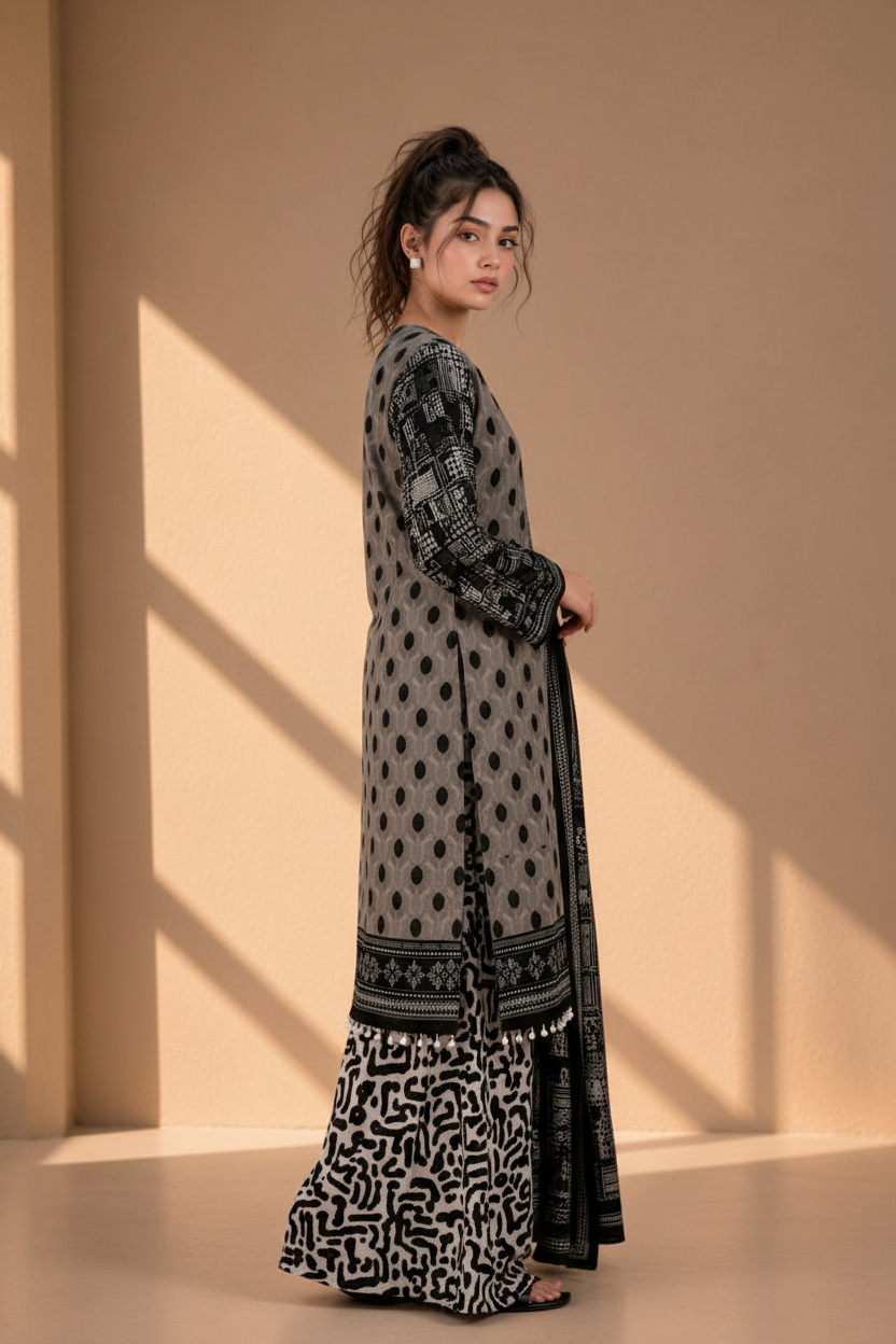 Woman wearing a long, patterned dress against a beige wall.