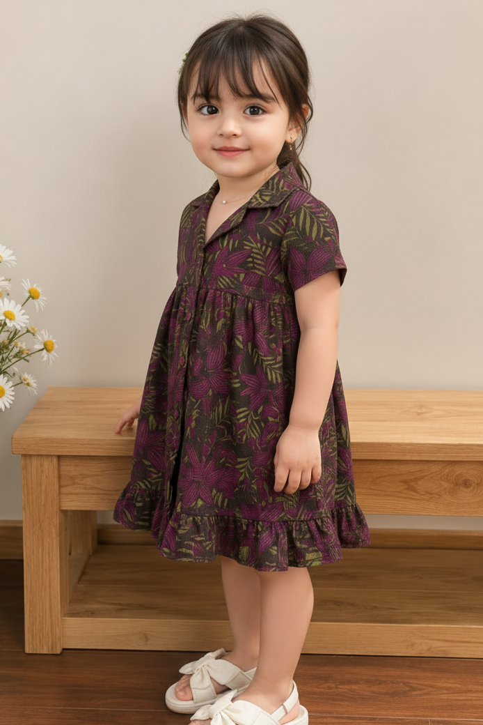 Young girl in a floral dress standing next to a wooden bench with flowers in the background.