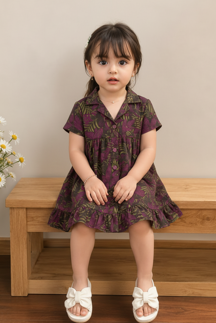 Young girl in a patterned dress sitting on a wooden bench with flowers in the background