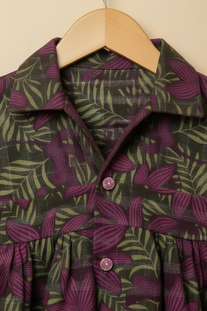 Green and purple patterned shirt on a wooden hanger against a beige background