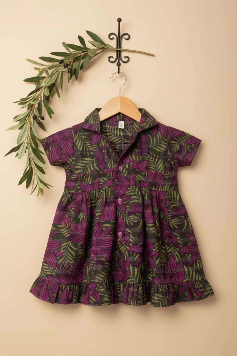 Purple and green patterned dress on a hanger against a beige wall with an olive branch.