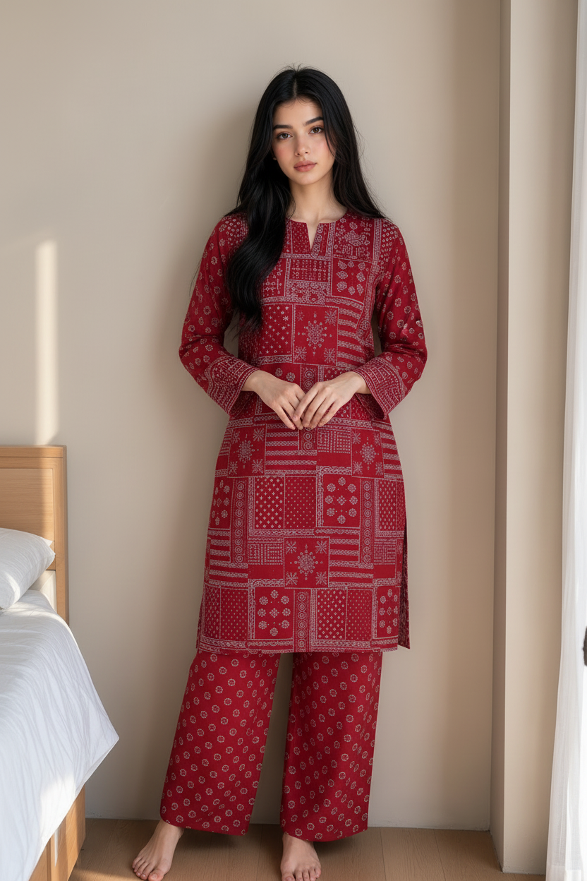 Woman wearing a red patterned outfit standing in a bedroom.