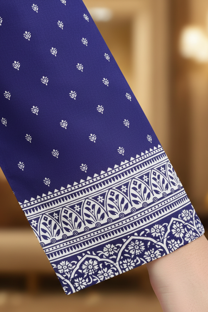 Navy blue fabric with white geometric patterns held by a hand against a blurred background