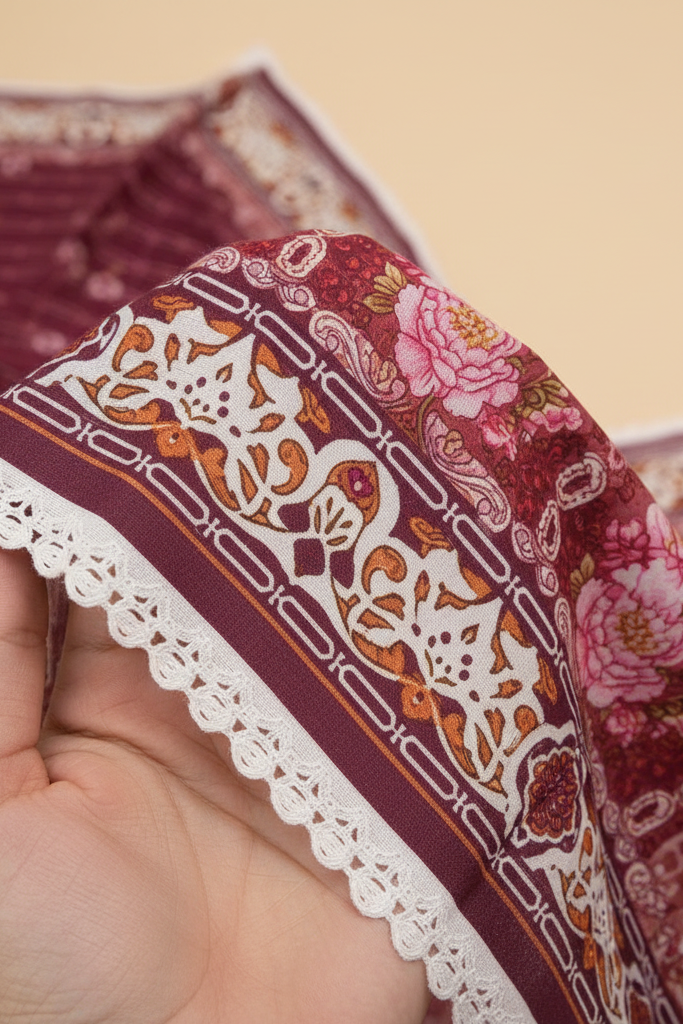 Decorative fabric with intricate patterns held by a hand against a beige background