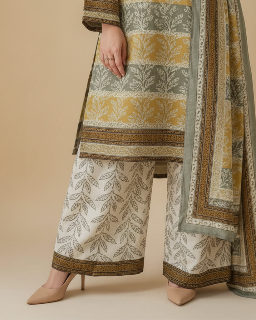 Traditional outfit with a patterned kurta, palazzo pants, and dupatta on a beige background