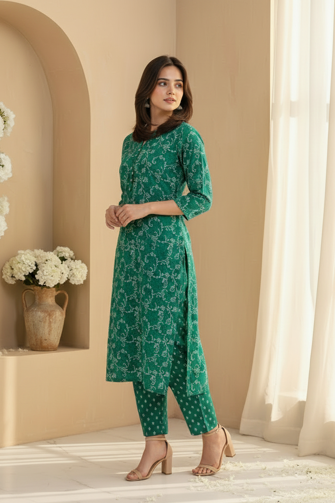 Woman wearing a green floral outfit standing in a room with beige walls and white curtains.