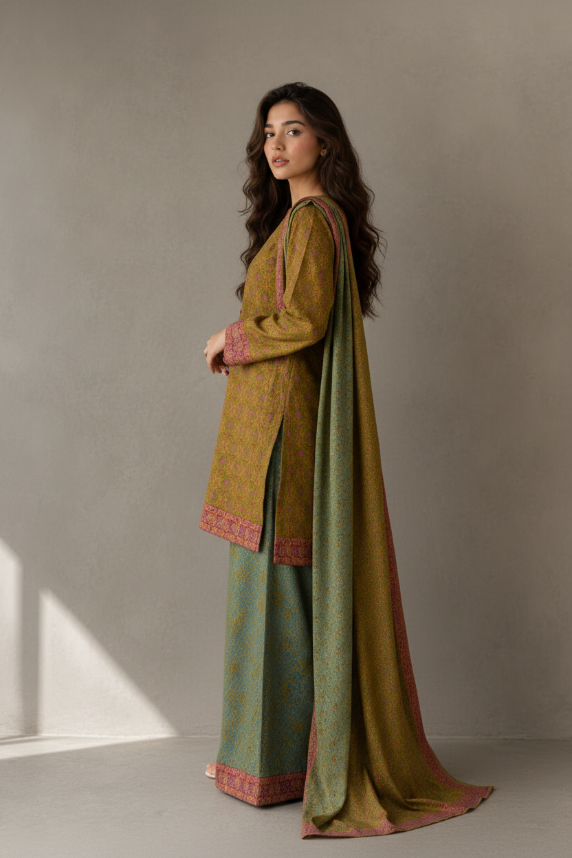Mustard Green Printed Lawn 2-Piece Unstitched Suit