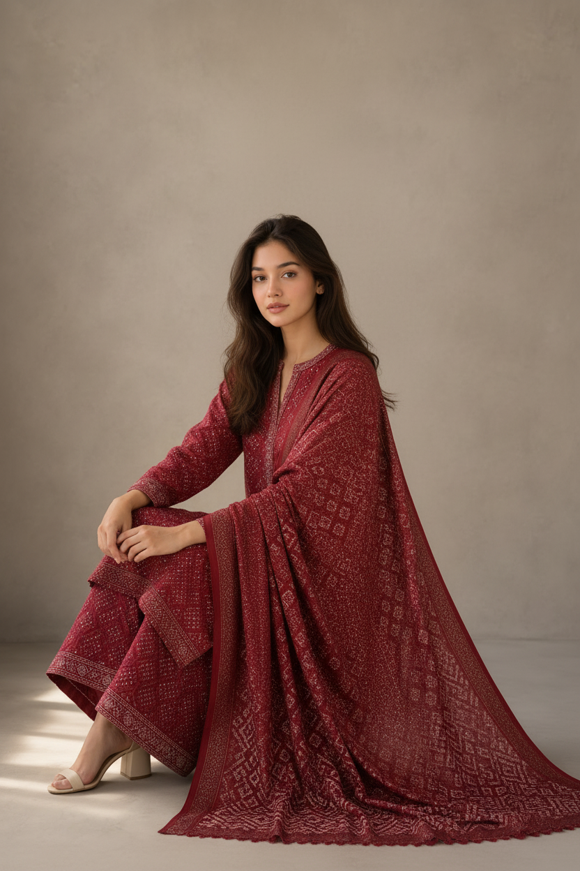 Crimson Red Printed Lawn 3-Piece Unstitched Suit | Women Lawn Pakistan 2026
