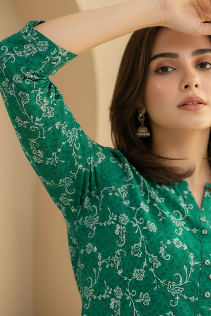 Woman wearing a green floral dress against a beige background