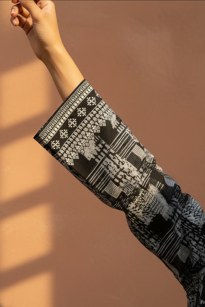 Close-up of a patterned sleeve against a brown background