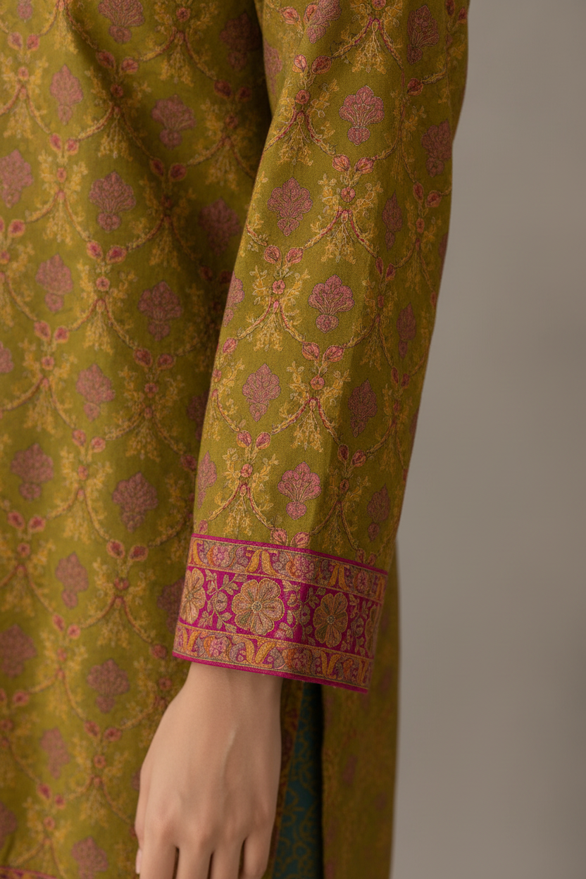 Green patterned garment with a hand visible on a gray background