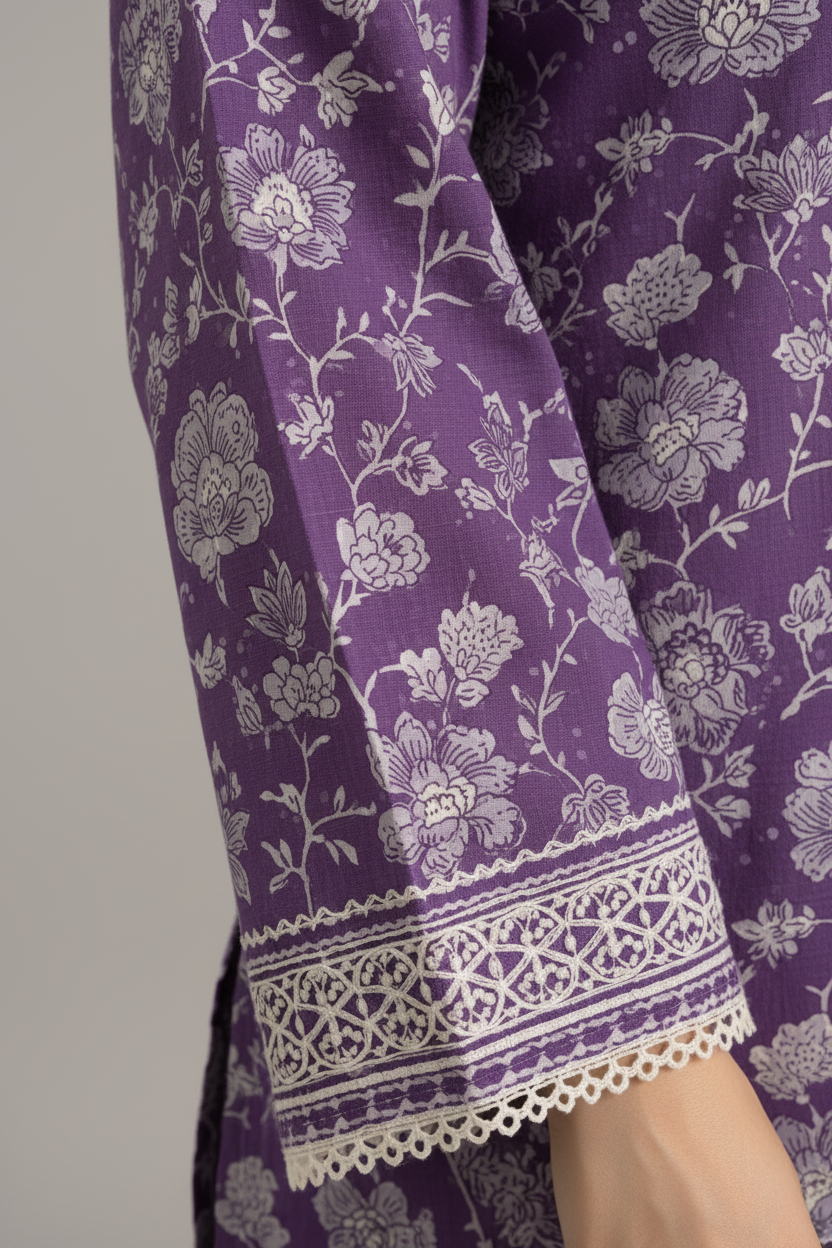 Purple fabric with floral pattern and white lace trim on a mannequin.