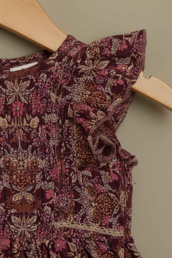 Floral patterned dress on a wooden hanger against a plain background