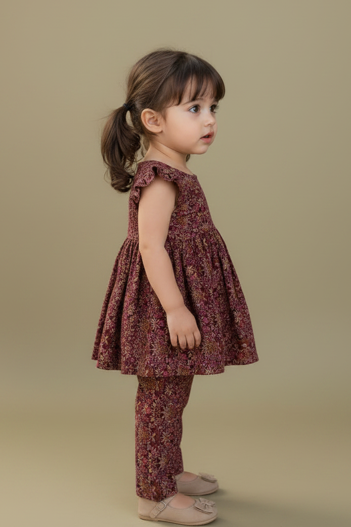 Young girl wearing a floral dress and pants on a beige background