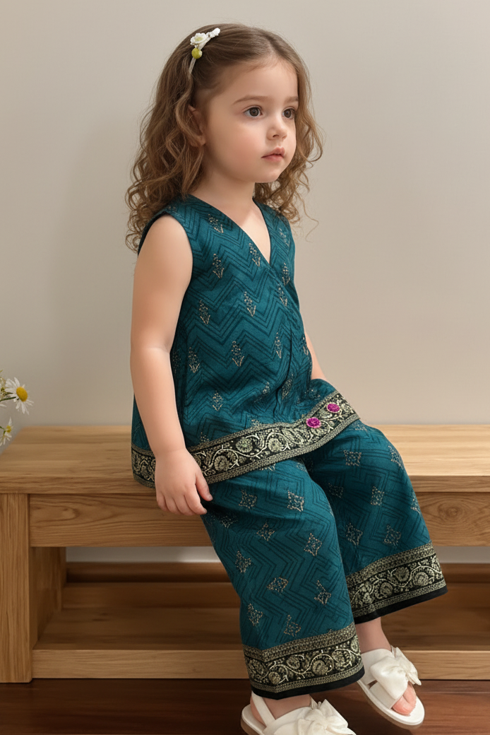 Young girl in a teal traditional outfit sitting on a wooden bench.