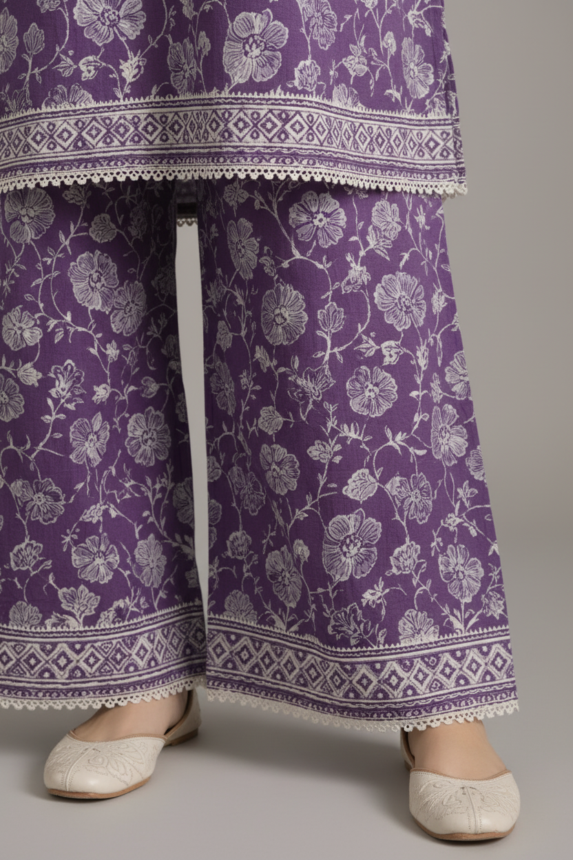 Purple floral patterned pants with white lace trim on a neutral background